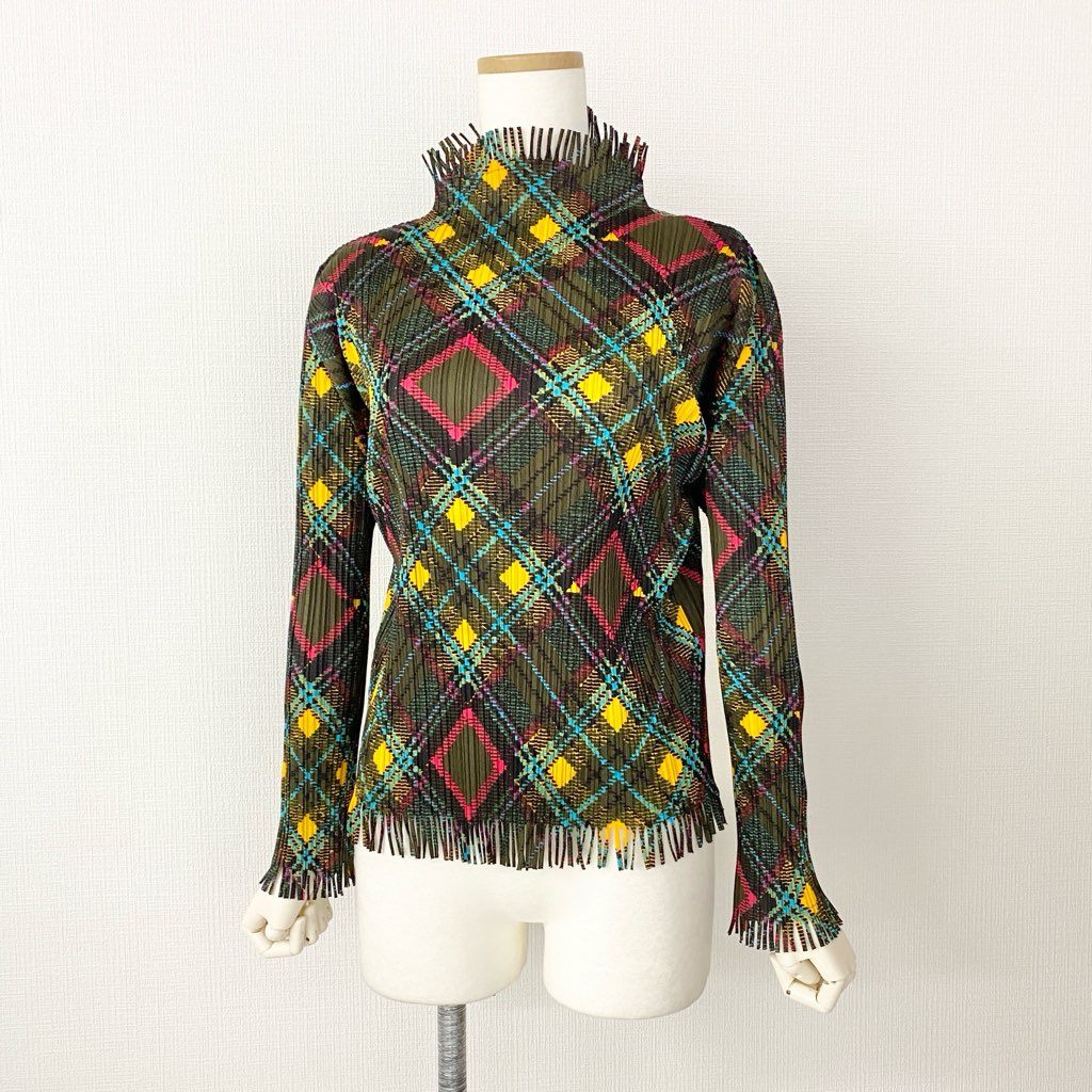 33d7 《美品》 PLEATS PLEASE ISSEY MIYAKE プリーツプリーズ イッセイミヤケ 日本製 PP73-JK662 総柄 ハイネック 長袖プリーツカットソー フリンジ ロングスリーブ トップス 3 マルチカラー秋