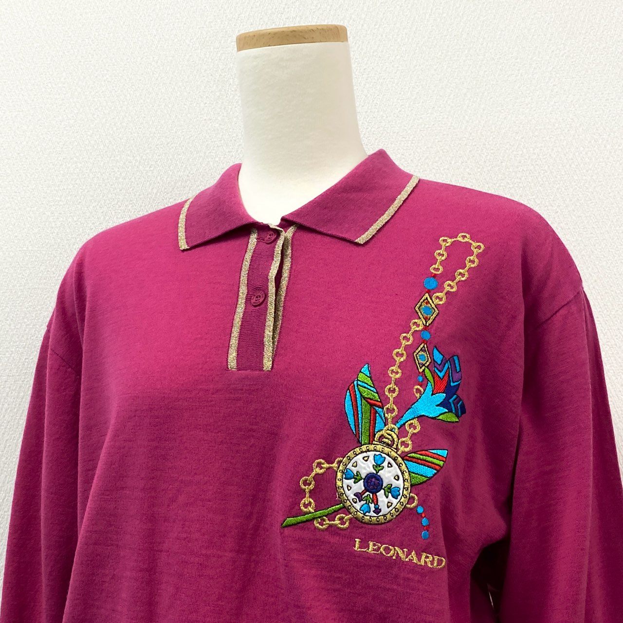 78i11 LEONARD レオナール 襟付き ニットポロシャツ セーター 長袖シャツ トップス L ピンク ゴールド ウール レディースu02t