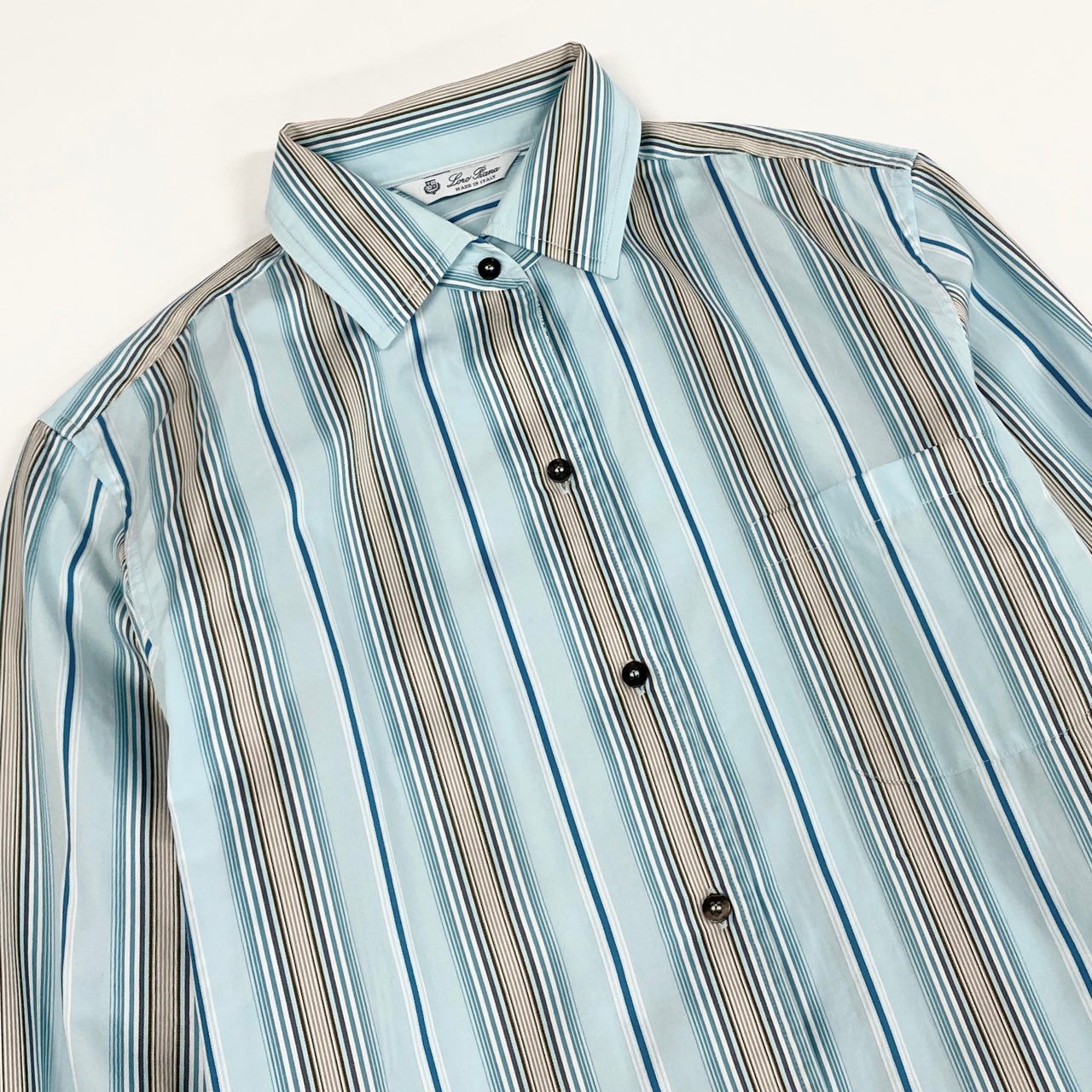 37a16 Loro Piana ロロピアーナ イタリア製 長袖シャツ ストライプ ロングスリーブ ドレスシャツ 38 ブルー コットン