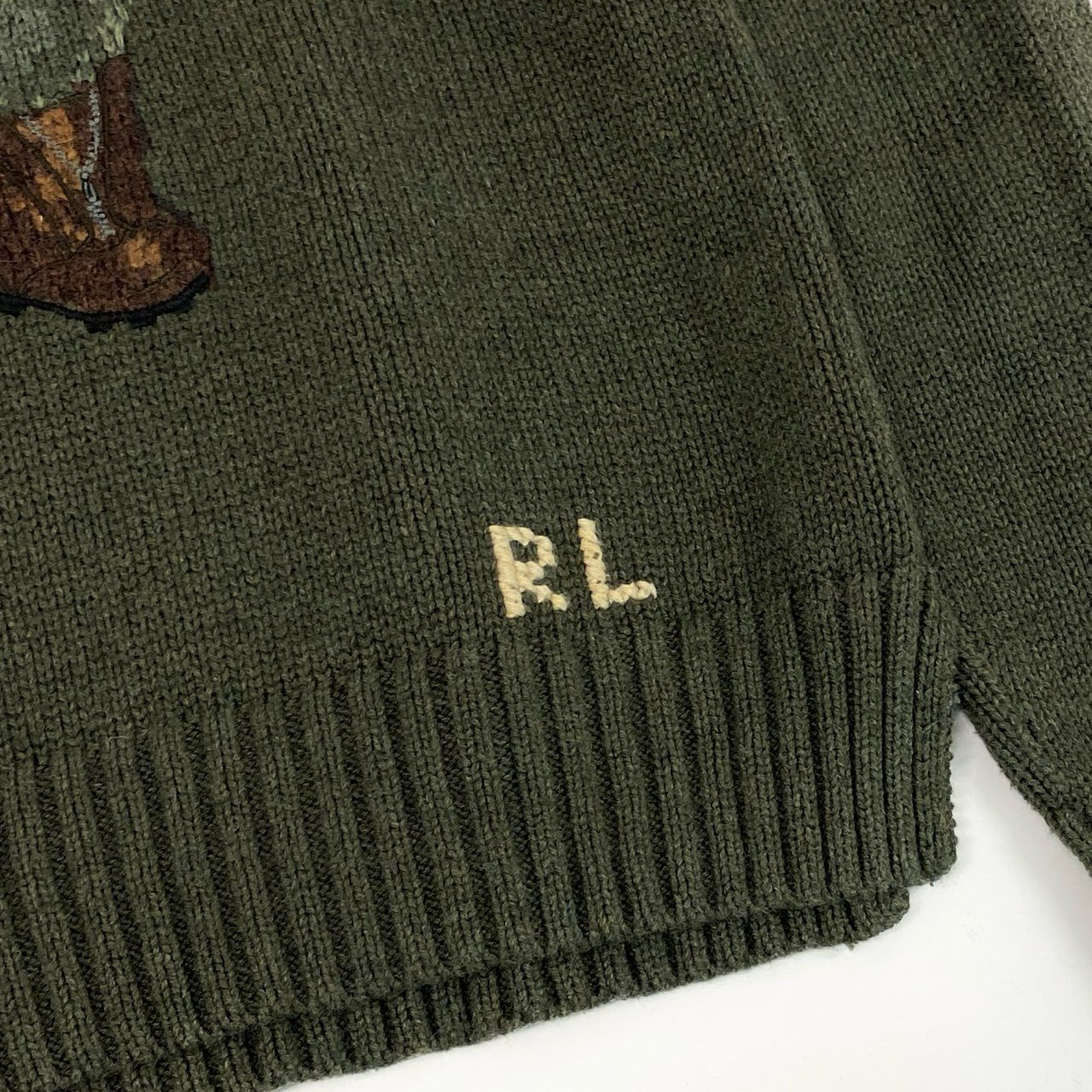 13f7 POLO RALPH LAUREN ポロラルフローレン POLO BEAR ポロベア クルーネック ニット セーター ロゴ刺繍 Sサイズ カーキ オリーブ コットン メンズ
