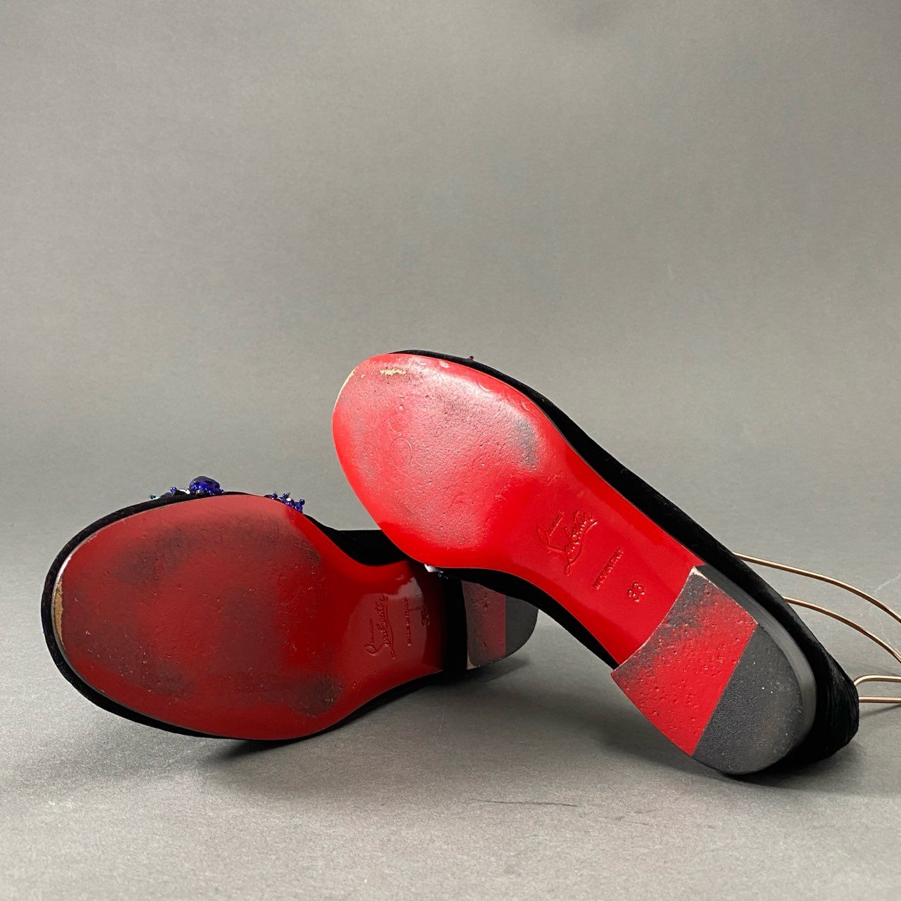 3i27 Christian Louboutin クリスチャンルブタン LOVE ビーズ ベルベット スリッポン シューズ パンプス フラット イタリア製 36 ブラック マルチカラー ベロア