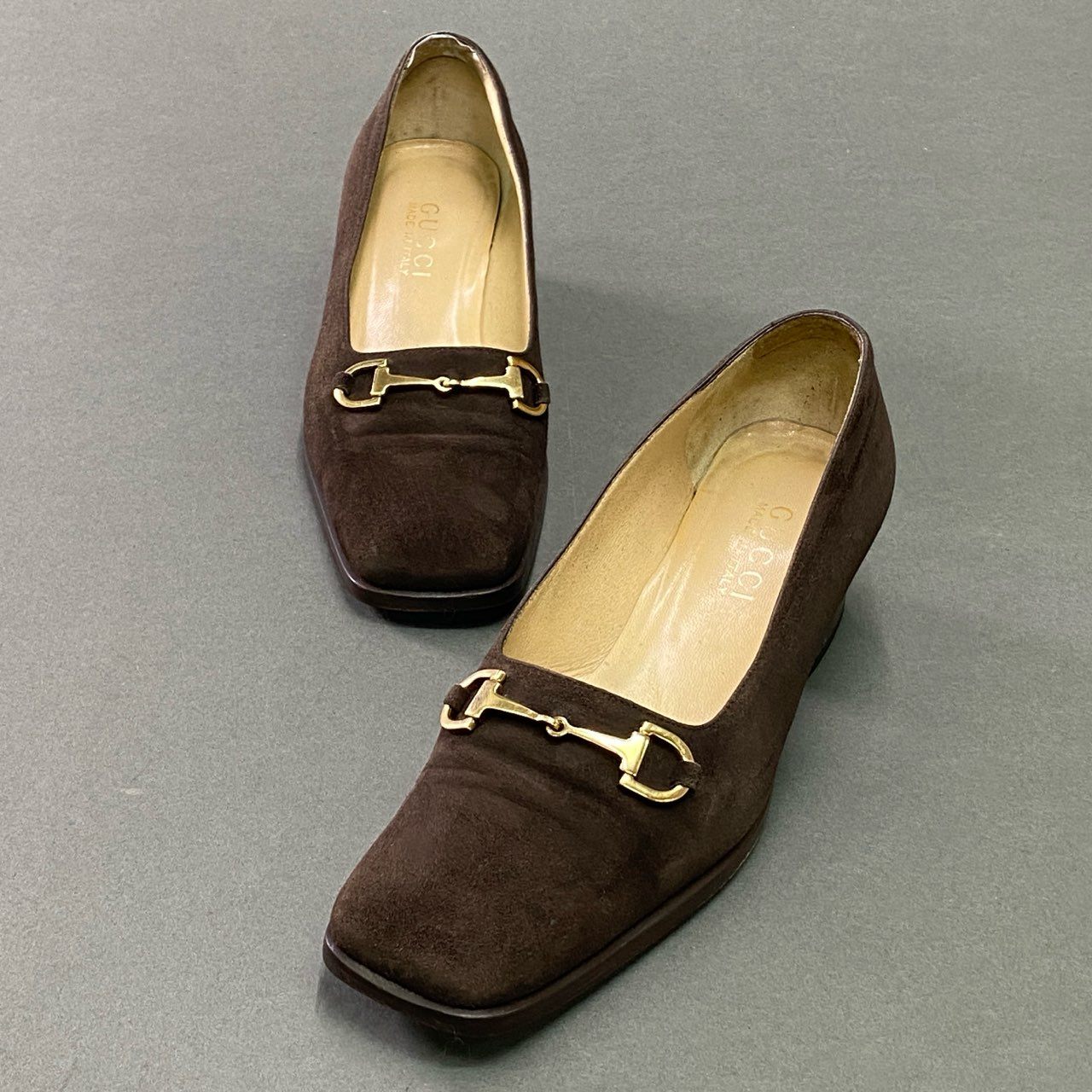 8c25 GUCCI グッチ ホースビット パンプス チャンキーヒール スクエアトゥ イタリア製 36 ブラウン スエード