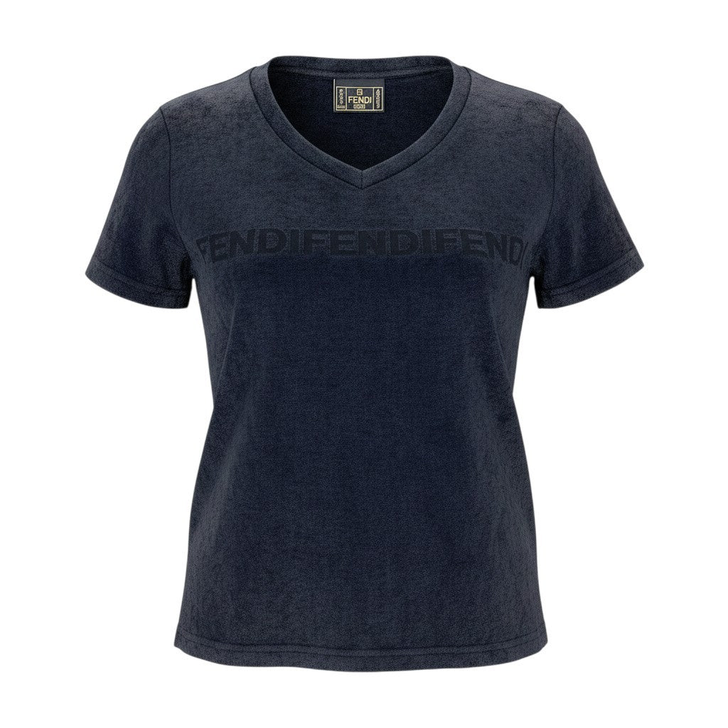 FENDI  ベロア生地 シャツ e8 FENDI 半袖ベロアTシャツ VネックロゴTシャツ トップス イタリア製