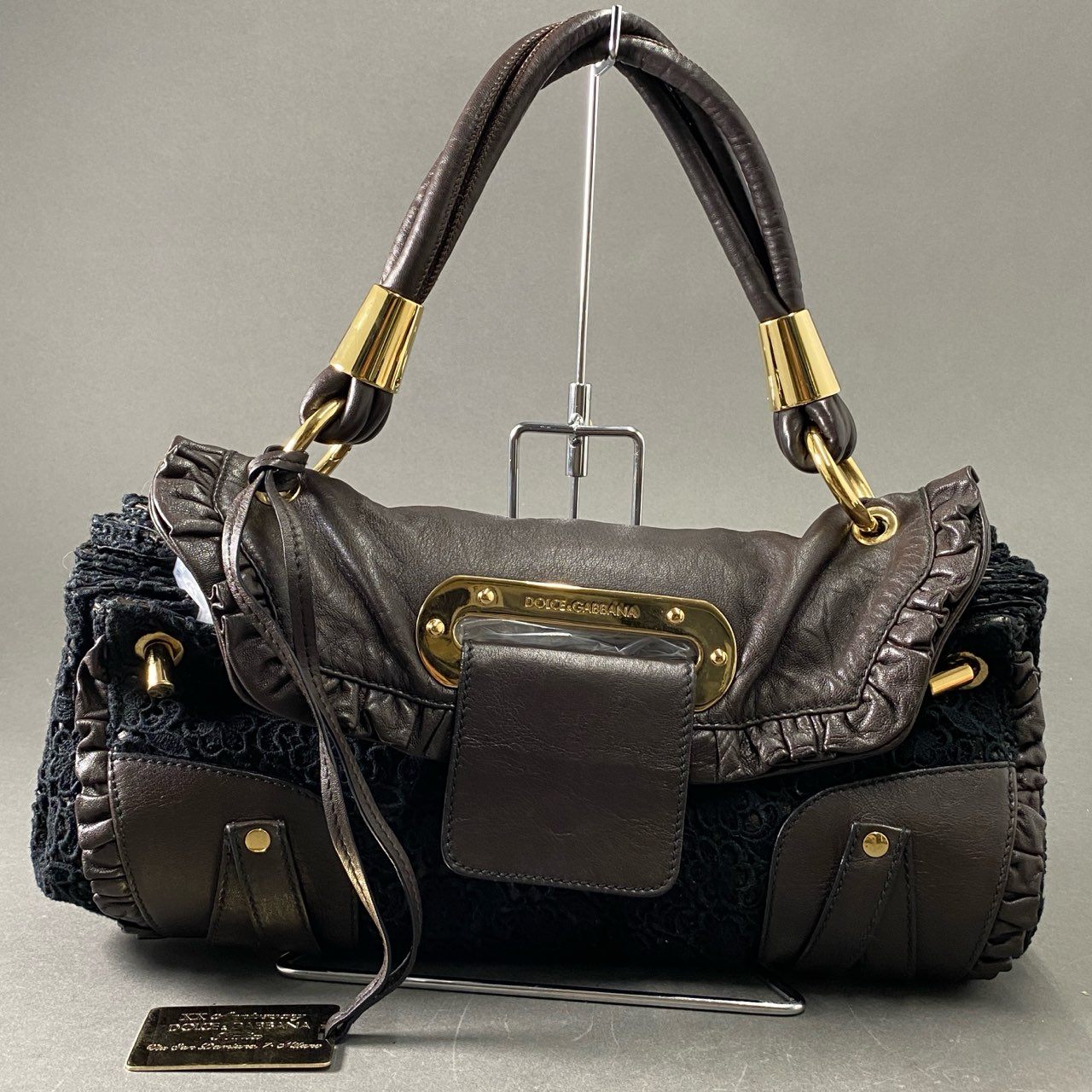 Ae19 DOLCE&GABBANA ドルチェアンドガッバーナ レース レザー ワンショルダーバッグ ハンドバッグ D&G ドルガバ ブラウン ブラック leather