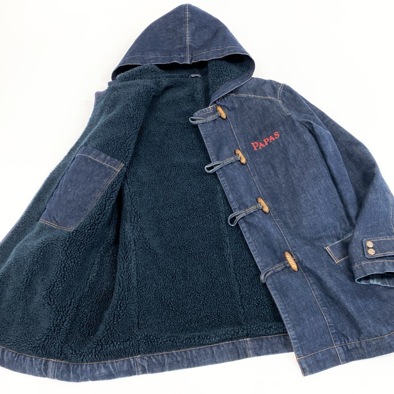 17e7 Papas パパス デニム ダッフルコート ロゴ刺繍 トグルボタン アウター フーディ カバーオール 50 Lサイズ インディゴ コットン