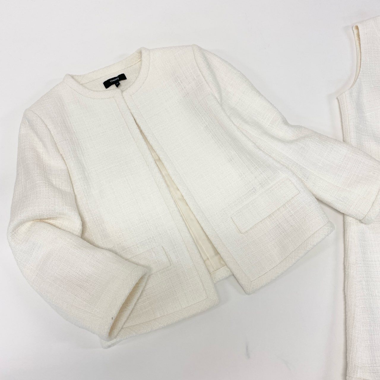 56j20 《極美品》 Theory セオリー セレモニースーツ ツイード生地 ノーカラージャケット ワンピース サイズ00 ホワイト レディース 入学式u02t