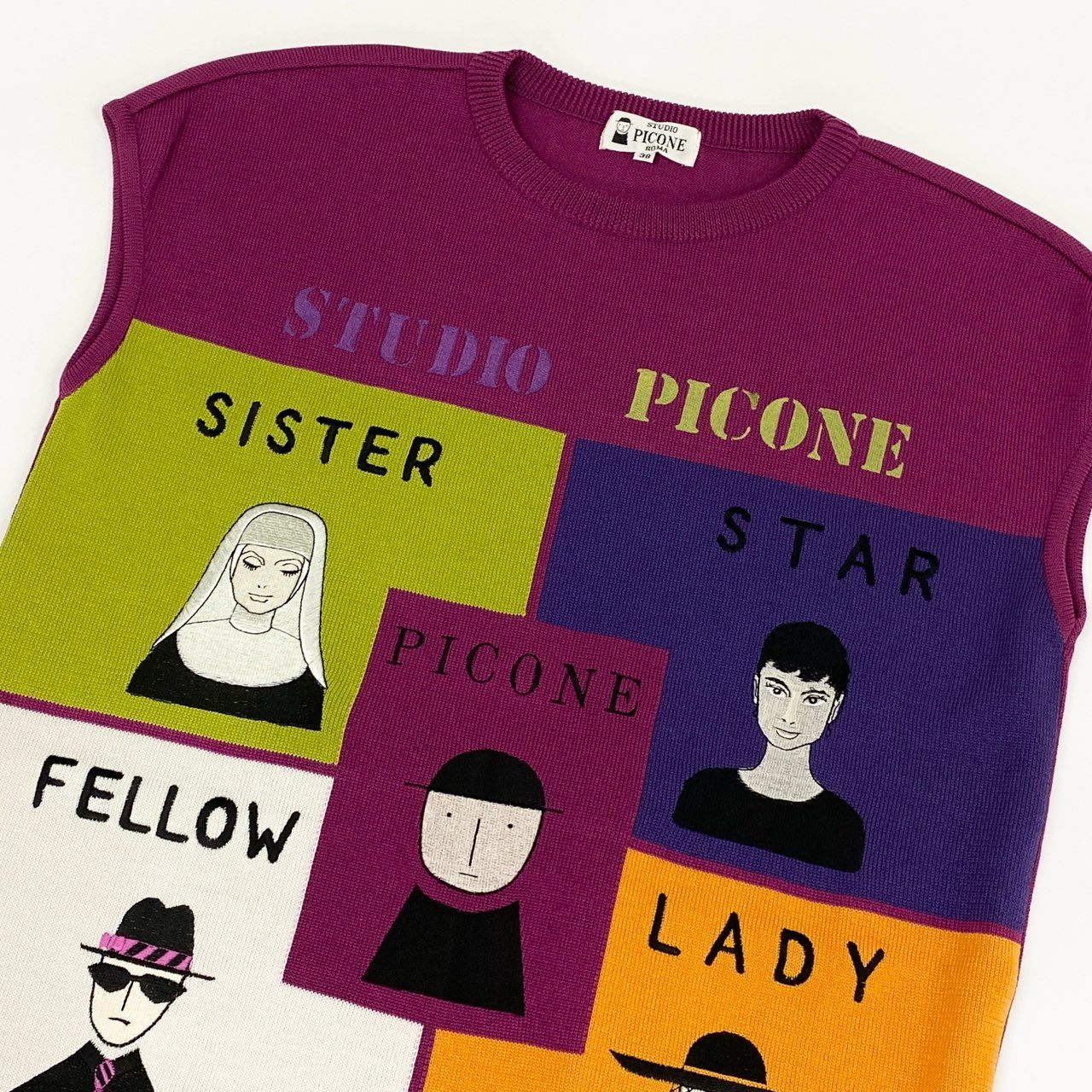 17f30 STUDIO PICONE ROMA ピッコーネ ニットワンピース 半袖ワンピース キャラクター刺繍 サイズ38 パープル レディース 日本製