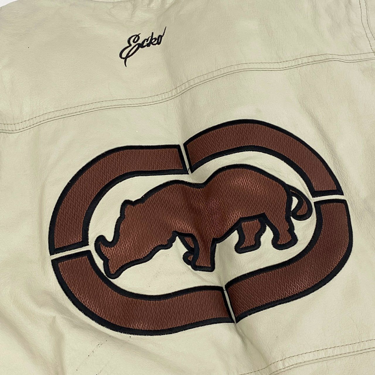 49f2 THE ECKO UNLTD エコー 90s レザージャケット ブルゾン 裏地総柄 世界地図 大きいサイズ 古着 VINTAGE ヴィンテージ XLサイズ ライトベージュ 牛革