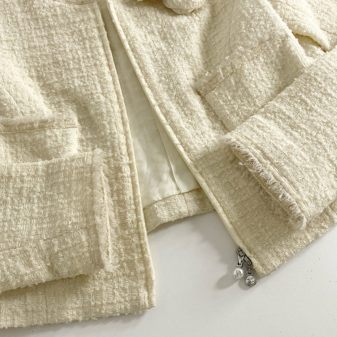 40d15 《美品》 Rene ルネ ツイードジャケット ノーカラージャケット セレモニージャケット ジップツイードカーディガン パールジップ 6743190 サイズ34 クリーム レディース 日本製 春