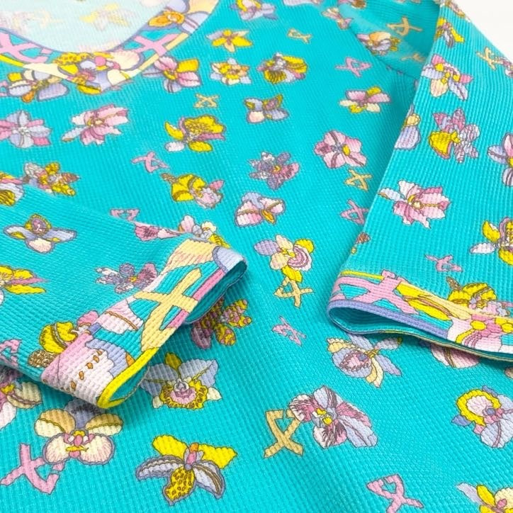 80g23 【美品】 LEONARD レオナール 七分袖カットソー トップス ストレッチ Vネックカットソー コットン 花柄 レディース 女性用 0528252 42 グリーン マルチカラー 綿100%