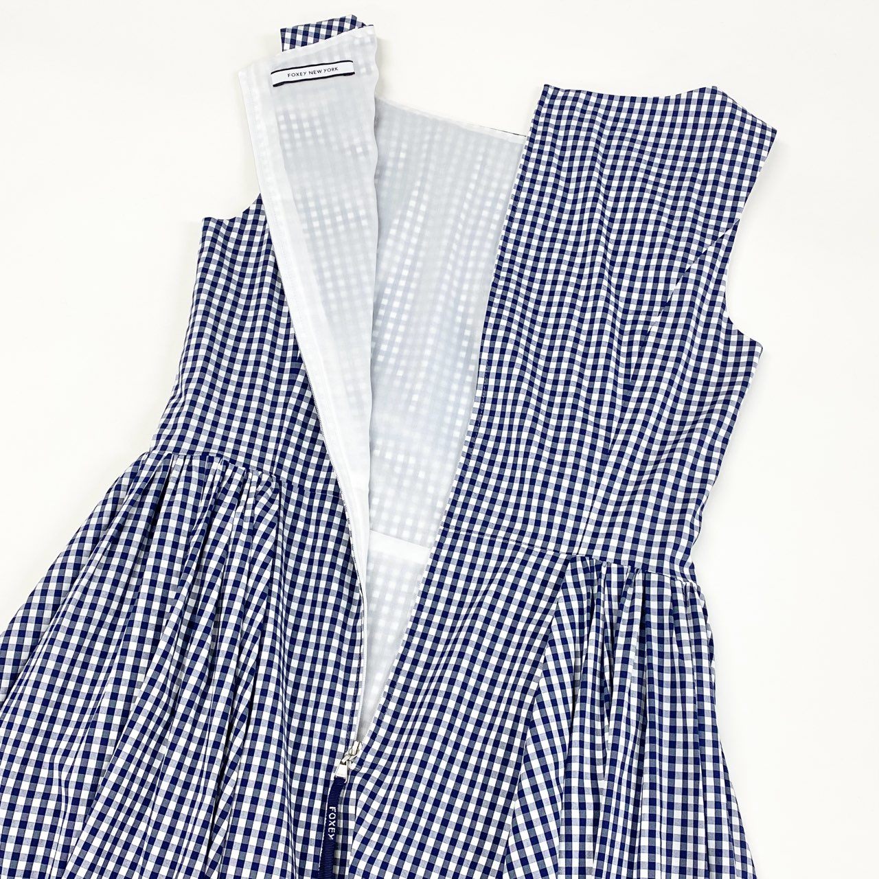 24d3 FOXEY NEW YORK フォクシー ニューヨーク ノースリーブワンピース カジュアルワンピース ギンガムチェック バックジップ 40087 サイズ40 ブルー ホワイト レディース 日本製