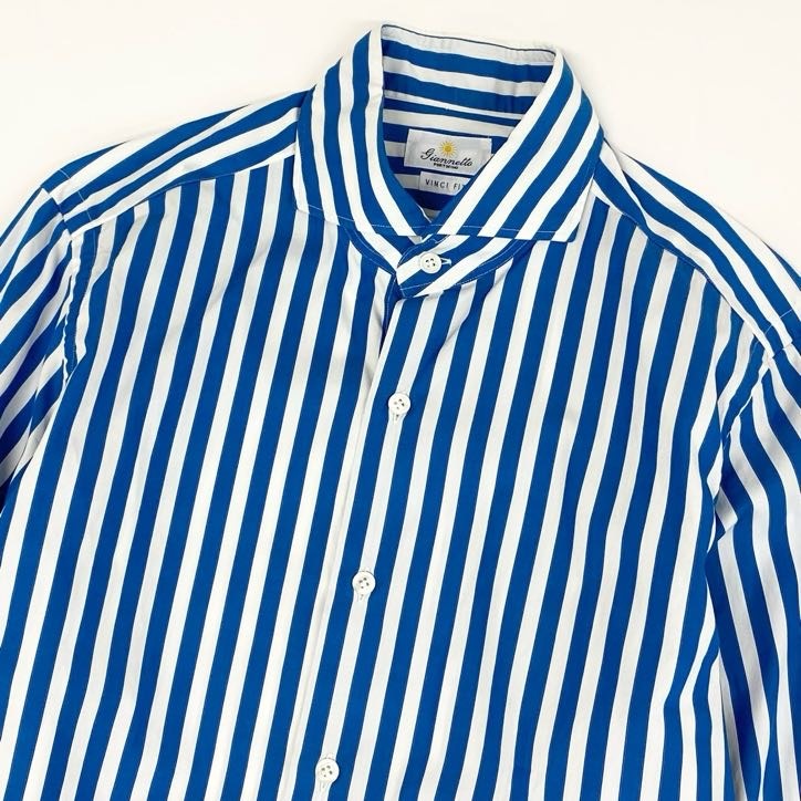 64g24 giannetto ジャンネット ストライプシャツ 長袖シャツ ドレスシャツ メンズシャツ カジュアル 男性用 ブルー ホワイト_