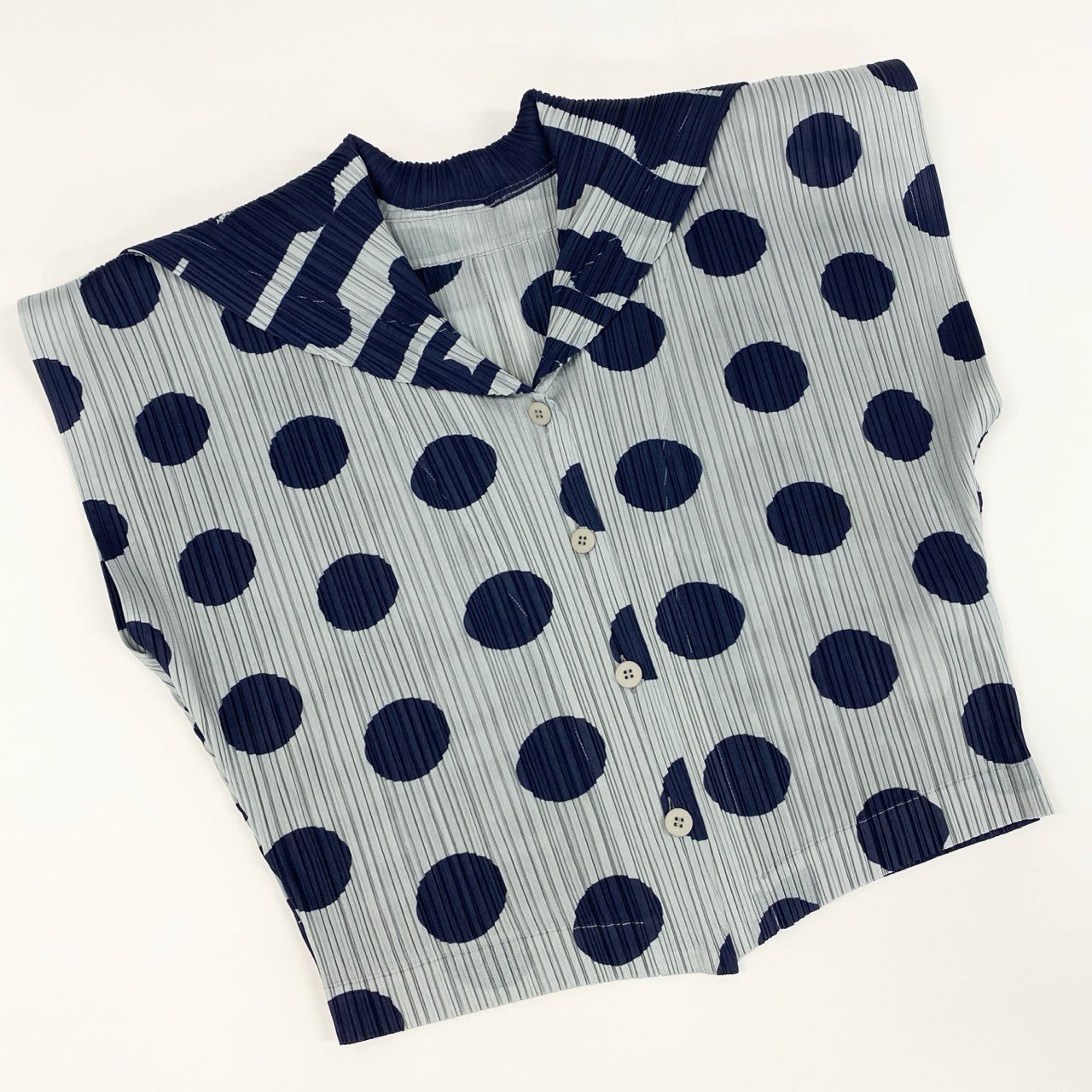 60f23 PLEATS PLEASE ISSEY MIYAKE プリーツプリーズ イッセイミヤケ ドット柄 セーラーカラー ノースリーブブラウス トップス カーディガン 羽織 日本製 PP41-JD681 3 ブルー