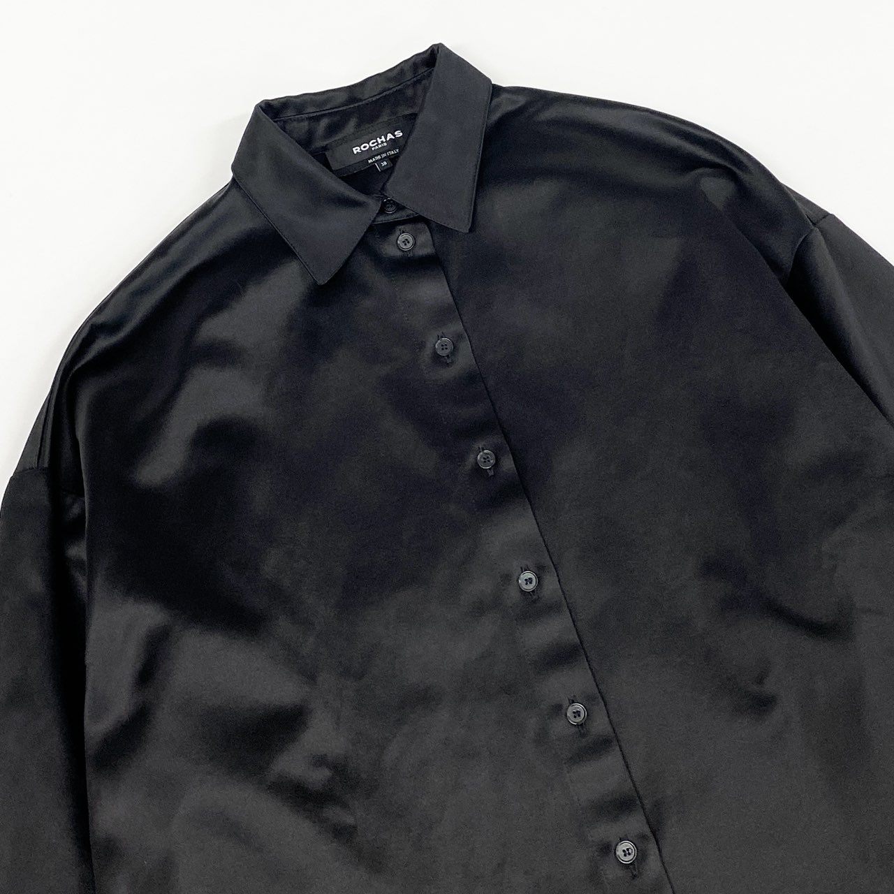 4c28 【美品】 ROCHAS ロシャス 厚手シャツ シャツジャケット 光沢◎ イタリア製 レーヨンシャツ ボタンシャツ 38 ブラック