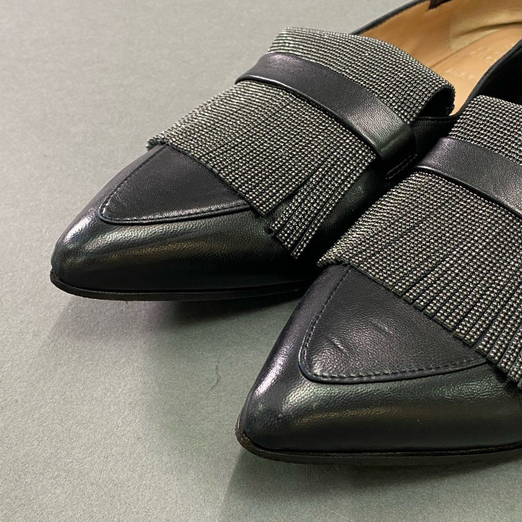 2e10 BRUNELLO CUCINELLI ブルネロクチネリ ラメフリンジ ローファー 37 1/2 ブラック レザー 革靴 フラットシューズ イタリア製