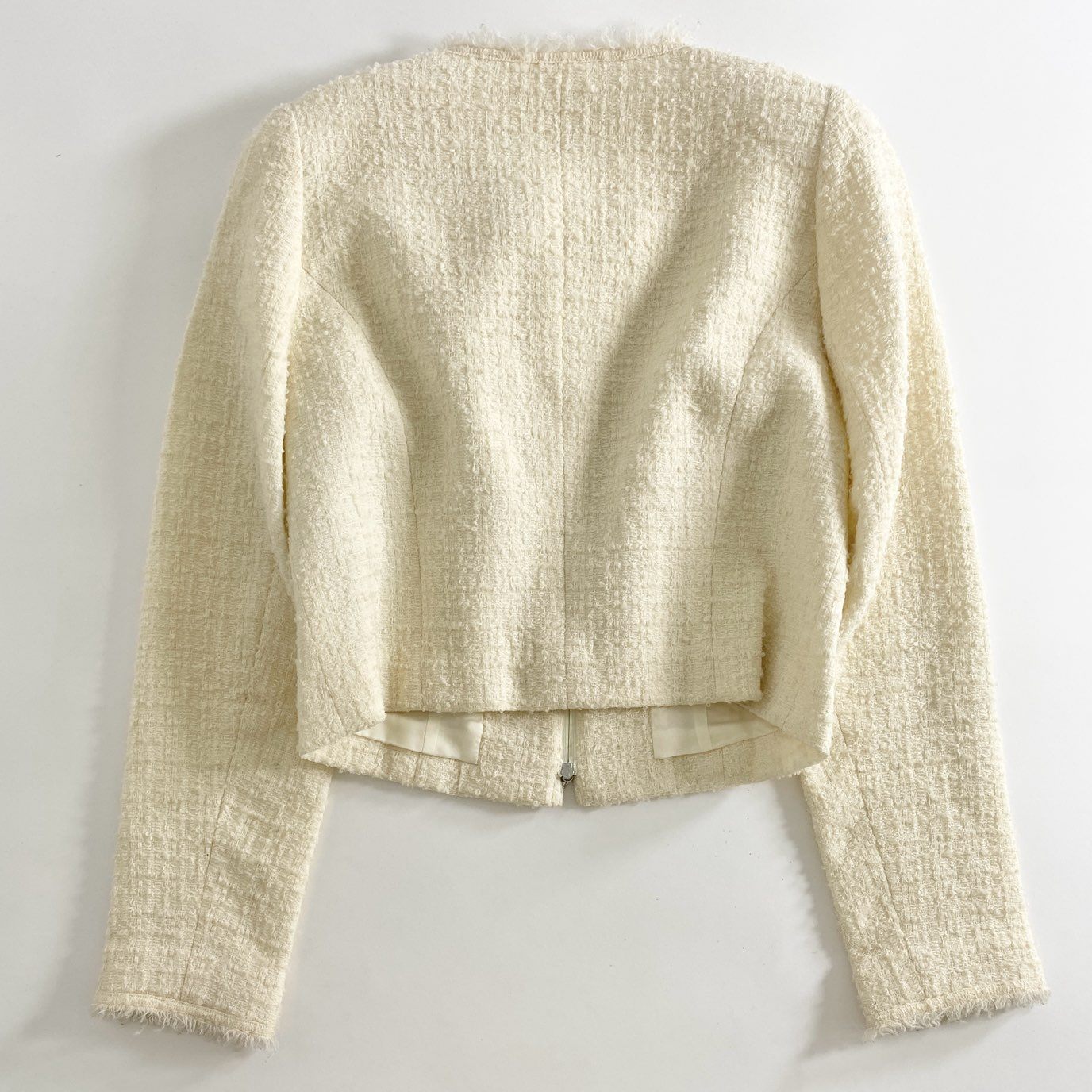 40d15 《美品》 Rene ルネ ツイードジャケット ノーカラージャケット セレモニージャケット ジップツイードカーディガン パールジップ 6743190 サイズ34 クリーム レディース 日本製 春
