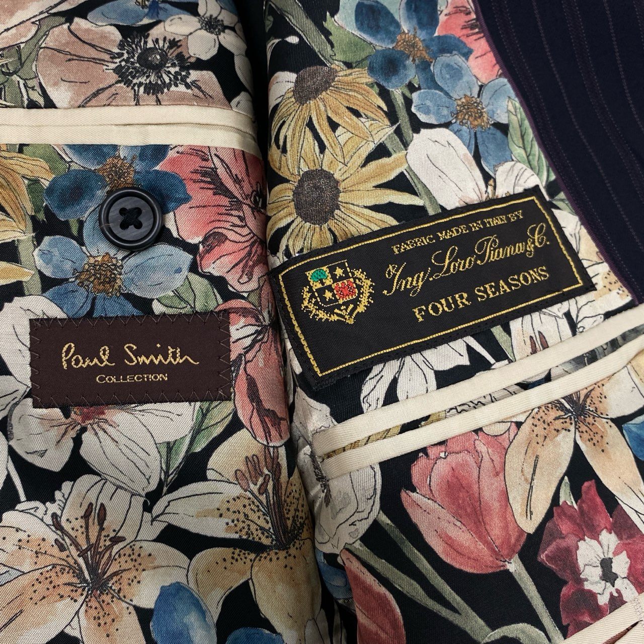 23l14 Paul Smith ポールスミスLoroPiana ロロピアーナ生地 4シーズン 裏地花柄 総柄 2B シングルスーツ セットアップ サイズM ネイビー メンズ 紳士 通年