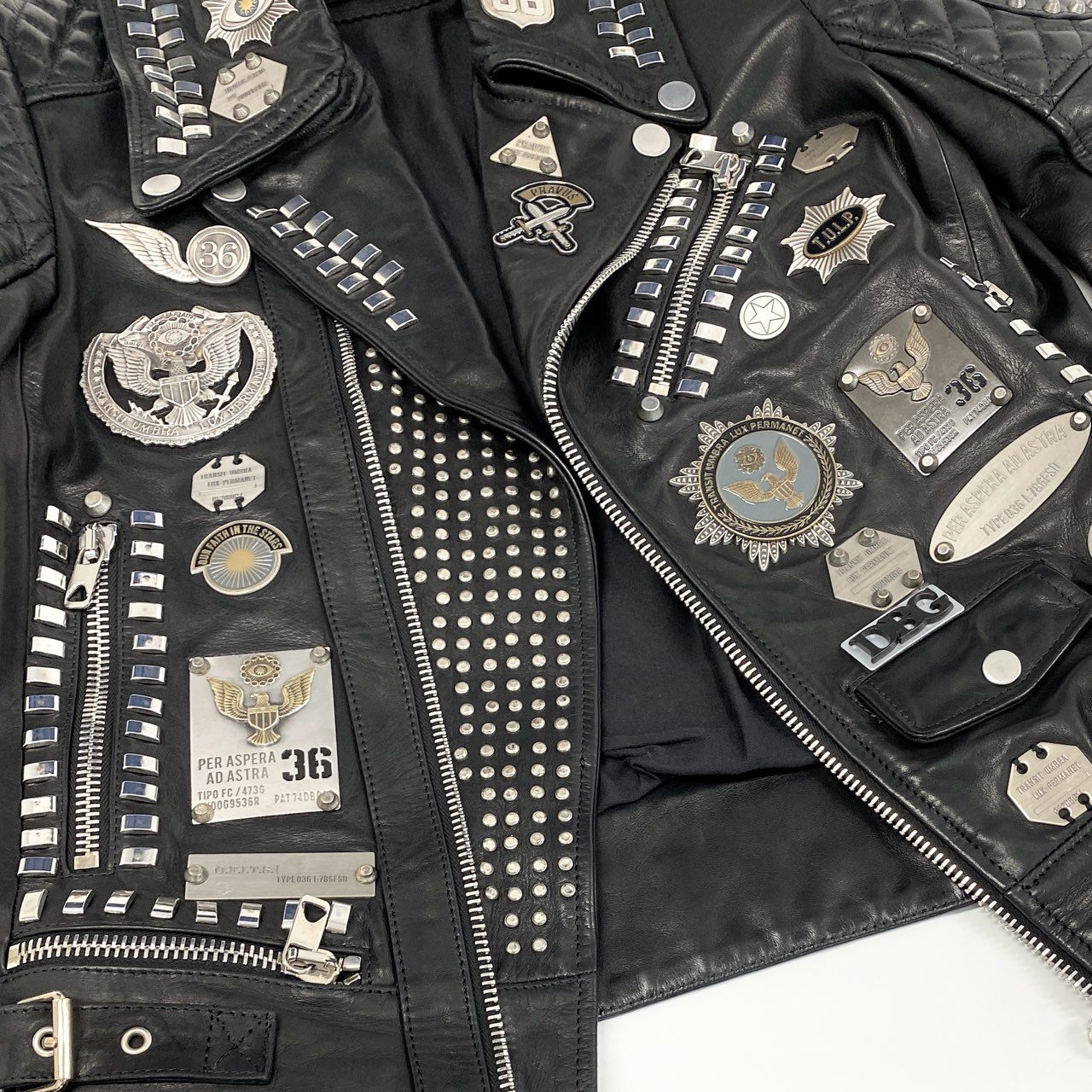 77d30 DIESEL BLACK GOLD ディーゼル ブラックゴールド スタッズ ダブルライダースジャケット 鋲ジャン ラムレザージャケット バイカー パンク 装飾 DBG 44 ブラック 羊革
