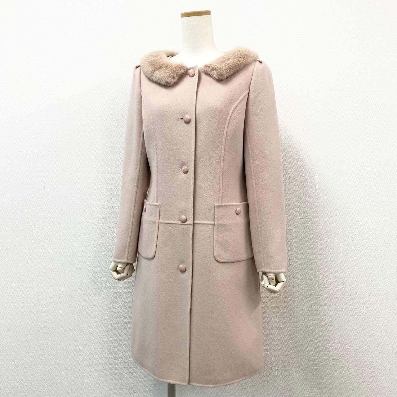 58f20 《美品》 Rene ルネ ミンクファー付き ラグジュアリー ウールコート 36 ピンク グレー 毛皮 アウター 女性服