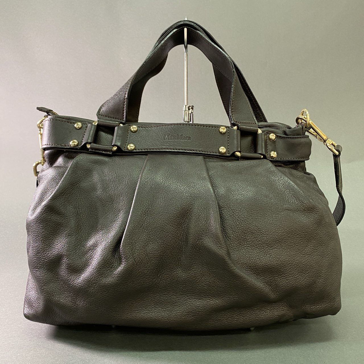 Hj29 Max Mara マックスマーラ 2WAY レザーショルダーバッグ ダークブラウン Leather ハンドバッグ イタリア製