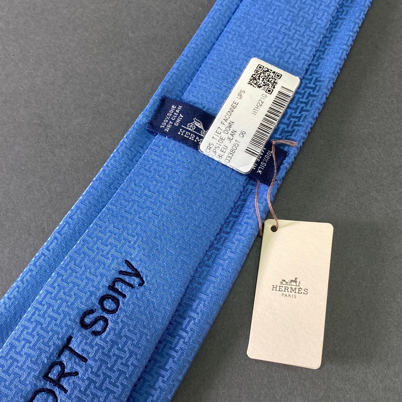 a8 【未使用保管品】 タグ付 HERMES エルメス フランス製 UPSIDE DOWN ネクタイ Hロゴ ビジネス フォーマル 033805T ブルー シルク100%