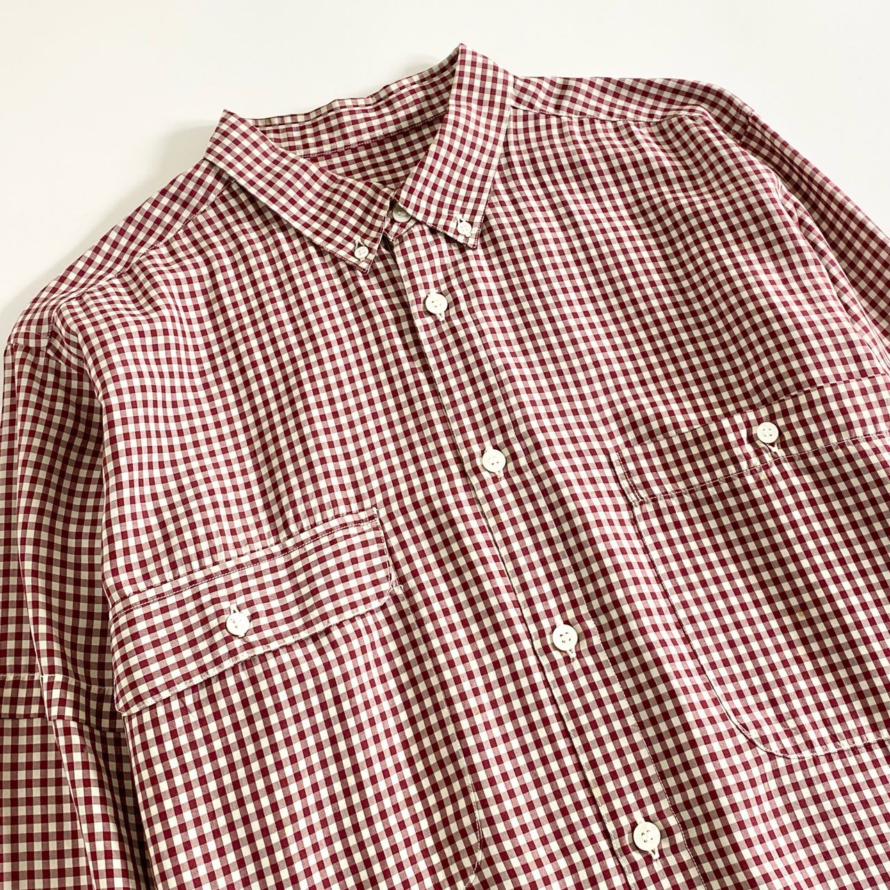 77d12 日本製 Papas パパス 長袖シャツ ボタンダウンシャツ チェックシャツ M レッド×ホワイト 絹 シルク100% メンズ 紳士服
