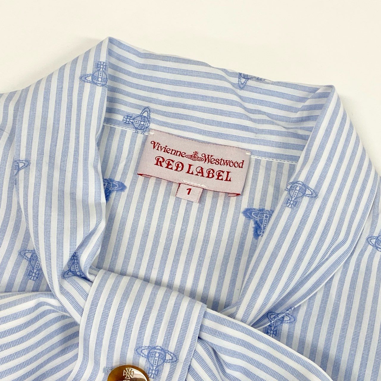 4c28 Vivienne Westwood RED LABEL ヴィヴィアンウエストウッド レッドレーベル 半袖シャツ ボウタイ リボン ストライプシャツ オーブ刺繍 オーブ柄 コットンシャツ 16401M 1 ブルー ホワイト コットン100%