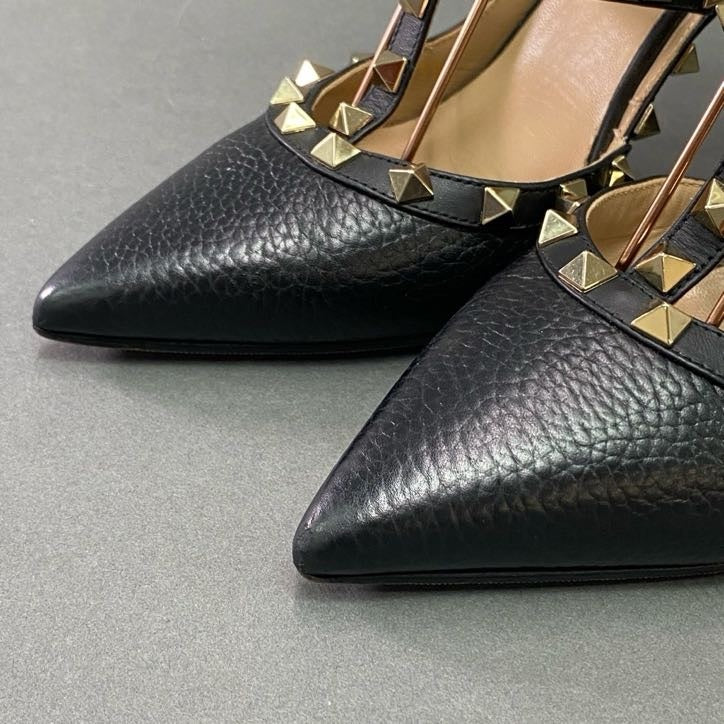 3l22 VALENTINO GARAVANI ヴァレンティノ ガラヴァーニ ロックスタッズ ストラップパンプス 39 ブラック ゴールド レザー イタリア製 シューズ