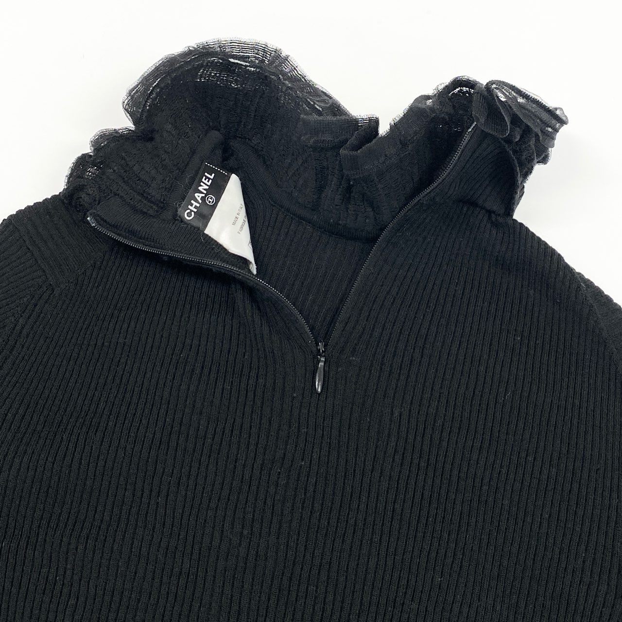 34d4 CHANEL シャネル リブニット 長袖セーター トップス フリル ココマーク装飾 P51988K06686 サイズ40 ブラック レディース