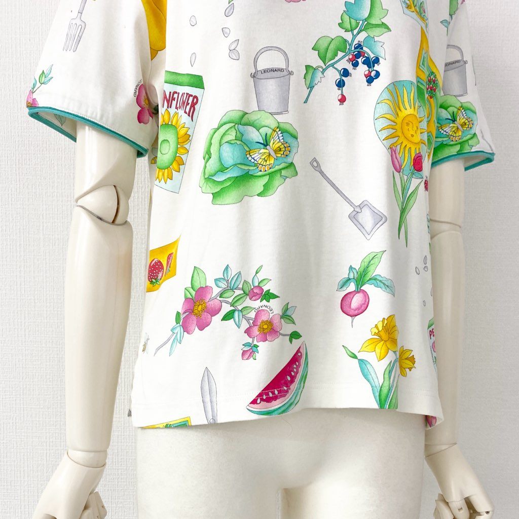 3e8 LEONARD SPORT レオナール スポーツ ハイネック半袖Tシャツ カットソー トップス 美しい花柄プリント サイズM マルチカラー コットン100% レディース 日本製