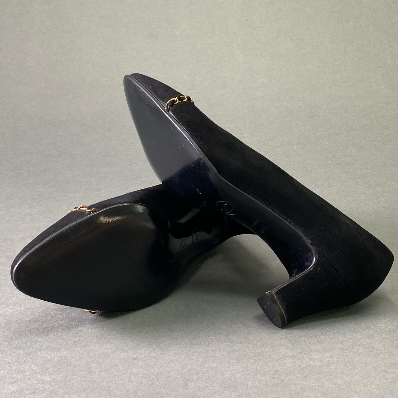 4e2 《美品》 CHANEL シャネル チェーントゥ スエードパンプス 36 1/2 ブラック レザー シューズ イタリア製 レトロ ヴィンテージ