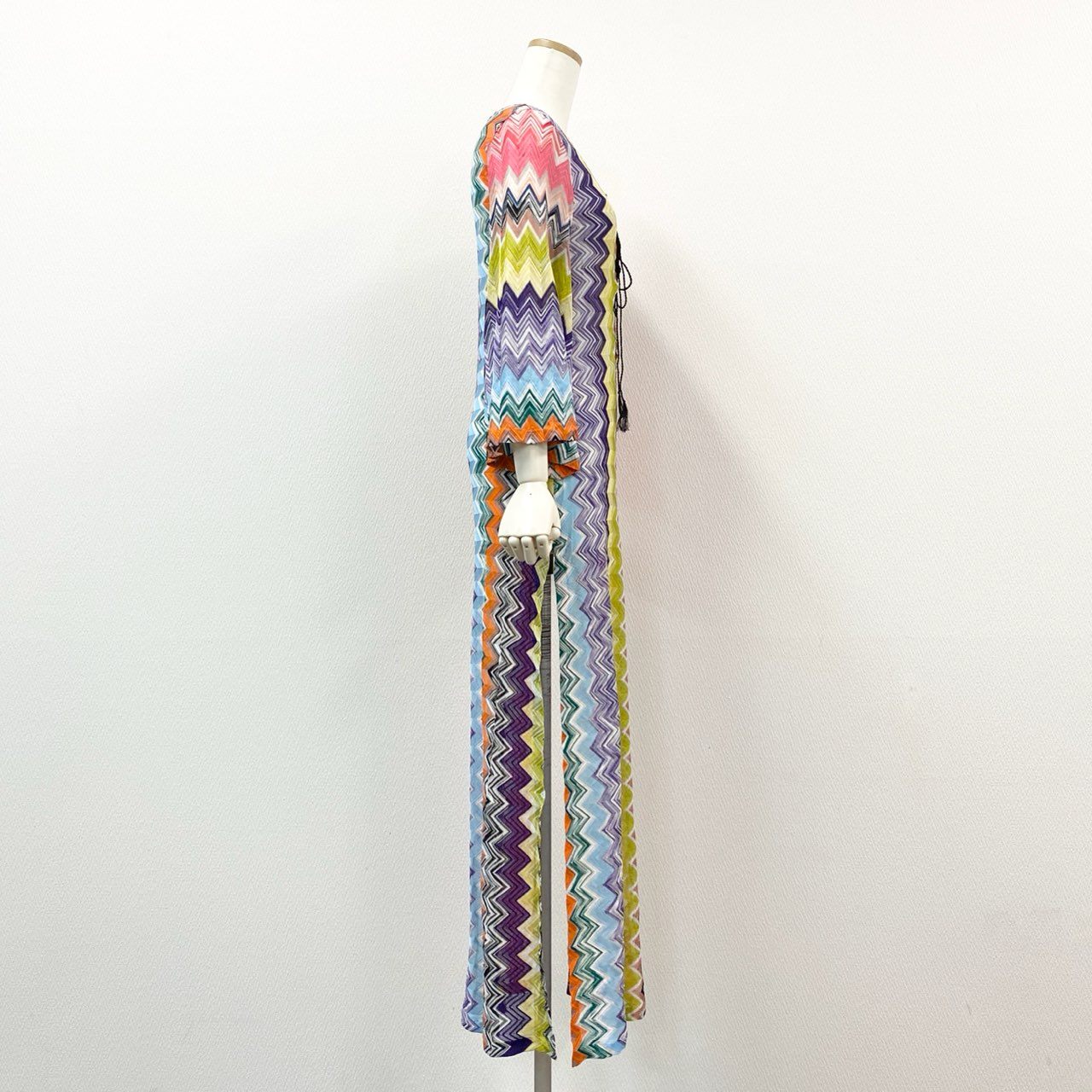 75f24 《美品》 MISSONI ミッソーニ スリット入り メッシュニットワンピース 40 マルチカラー フロントコード フレアスリーブ ドレス イタリア製