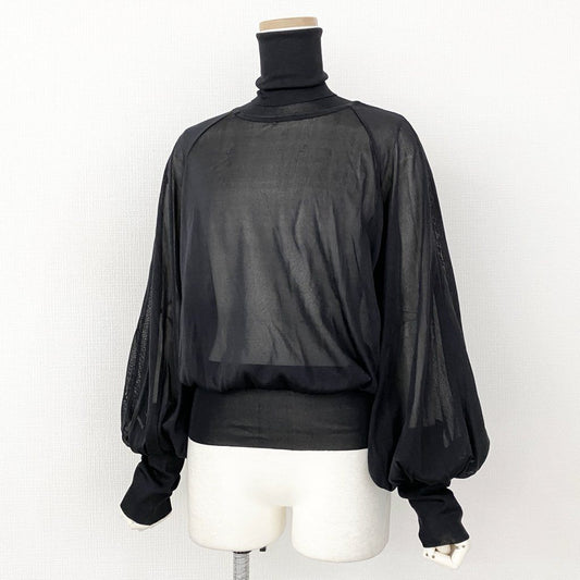 27f20 《美品》 フランス製 HERMES エルメス タートルネック 長袖ニット セーター バルーンスリーブ サイズL ダークネイビー シルク100% レディース