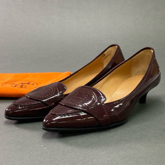 2c10 HERMES エルメス エブリン Hロゴ エナメル パンプス 35 1/2 ボルドー パテントレザー イタリア製 シューズ パンチング
