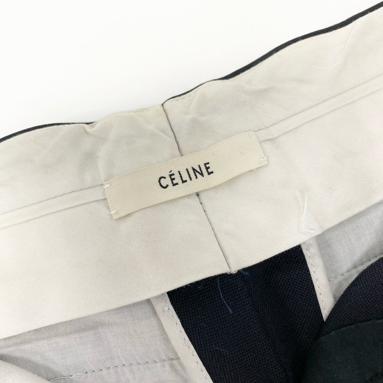 22i16 CELINE セリーヌ フィービー期 スラックスパンツ テーパードパンツ ボトムス ウエスト素材切り替え 34 ネイビー レディースu02t