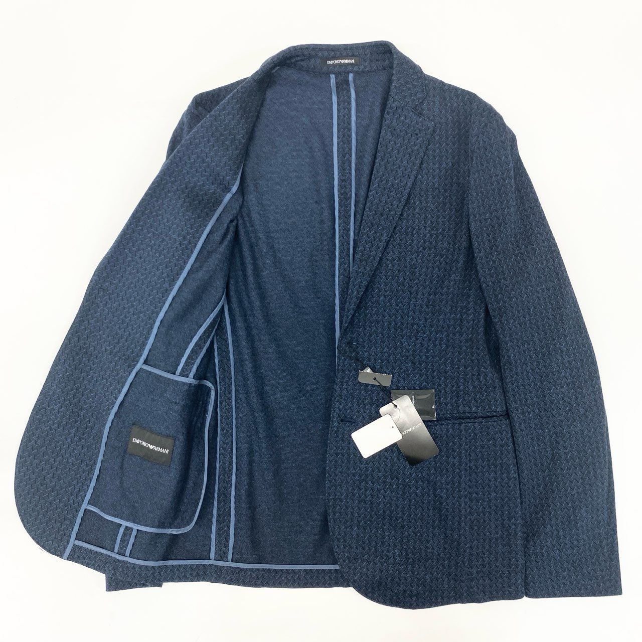 80j17 《未使用品》EMPORIO ARMANI エンポリオアルマーニ テーラードジャケット シングルジャケット 二釦 ヘリンボーン 91G87S 46サイズ ネイビー メンズk02i