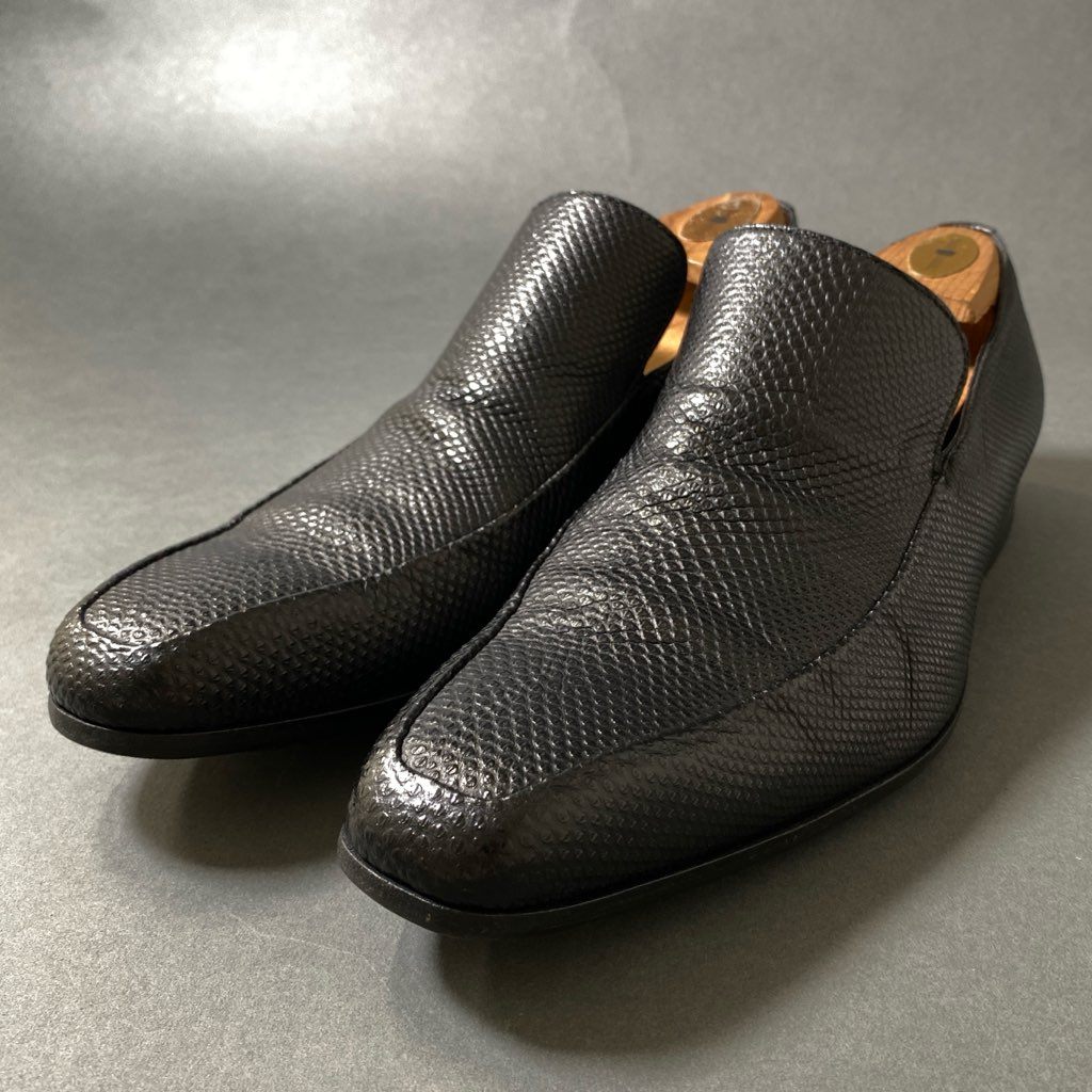 3f29 GUCCI グッチ リザードローファー 40E ブラック レザー ドレスシューズ スリッポン イタリア製 紳士靴 革靴 トカゲ