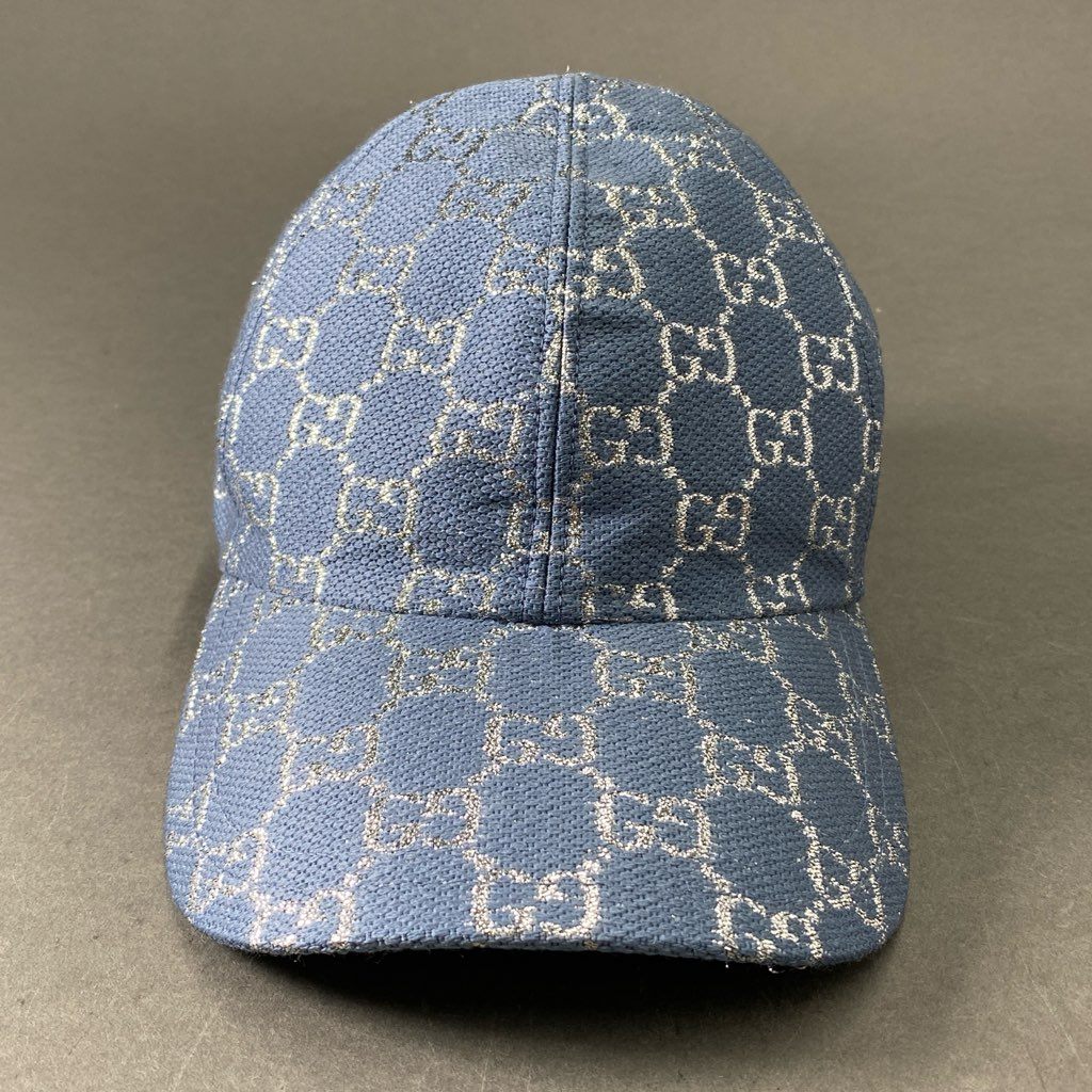f6 GUCCI グッチ GGラメ ベースボールキャップ 631953 S 56cm ブルー 帽子 6パネル CAP イタリア製