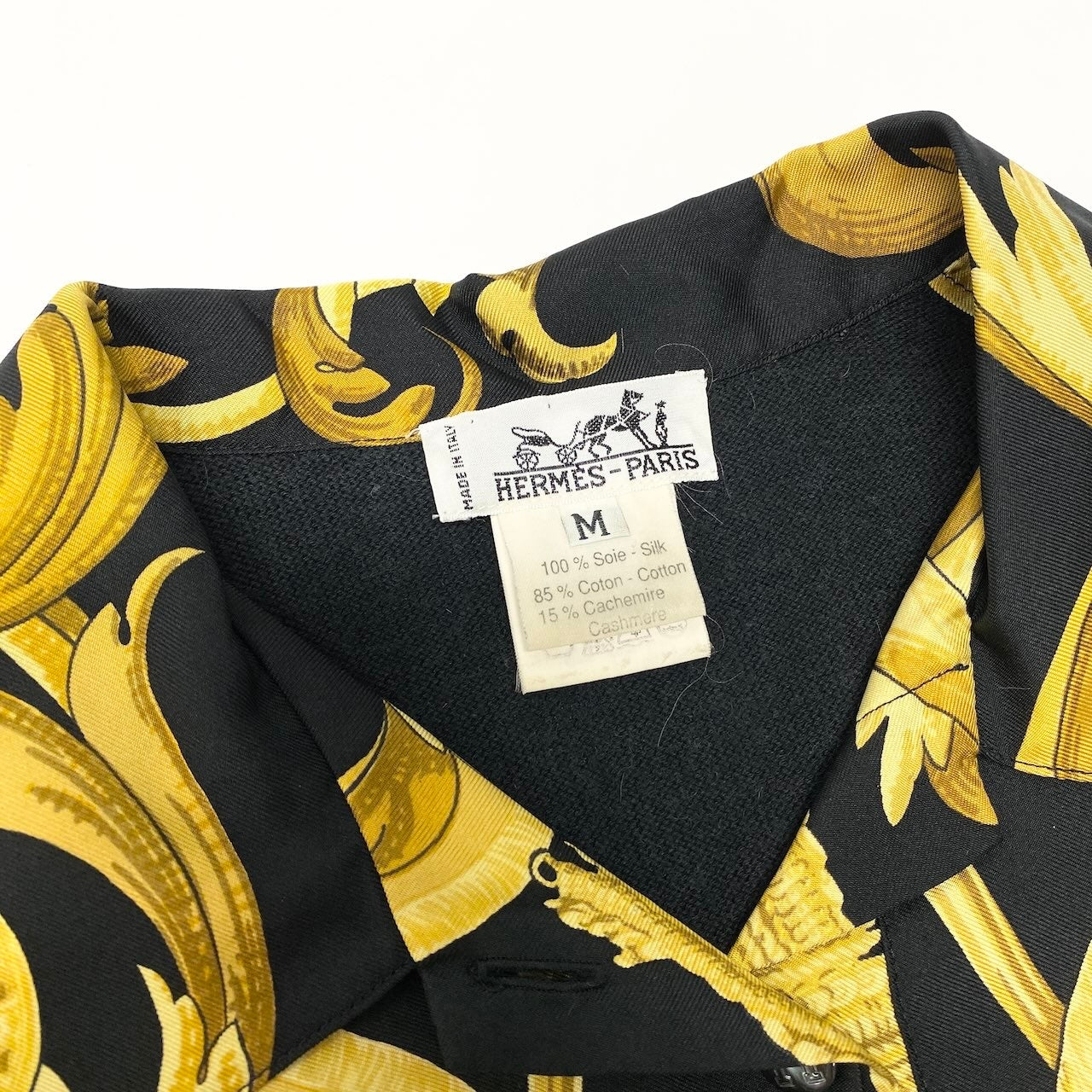 Id23 Hermès エルメス シルク切替 ニットポロシャツ ロングスリーブ ニットトップス スカーフ柄 vintage カシミヤ混 サイズM ブラック レディース 女性用u02tu02t