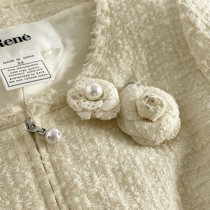 40d15 《美品》 Rene ルネ ツイードジャケット ノーカラージャケット セレモニージャケット ジップツイードカーディガン パールジップ 6743190 サイズ34 クリーム レディース 日本製 春