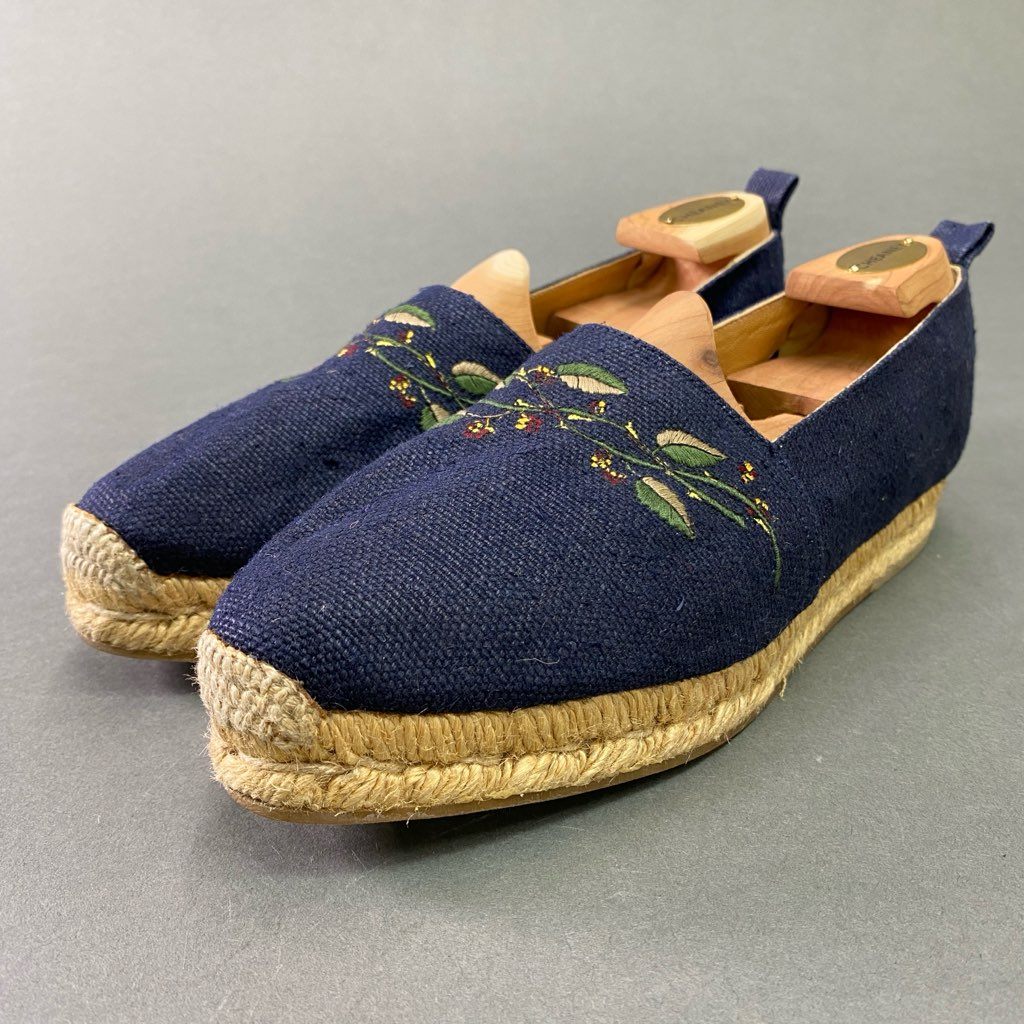 6d6 《美品》 HERMES エルメス 刺繍デザイン エスパドリーユ スリッポン 36 ネイビー キャンバス フラワー シューズ スペイン製 サンダル