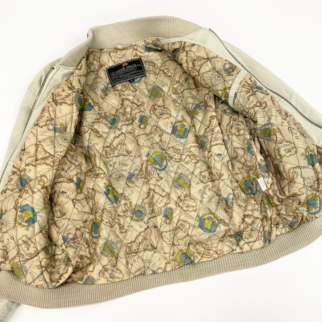 49f2 THE ECKO UNLTD エコー 90s レザージャケット ブルゾン 裏地総柄 世界地図 大きいサイズ 古着 VINTAGE ヴィンテージ XLサイズ ライトベージュ 牛革