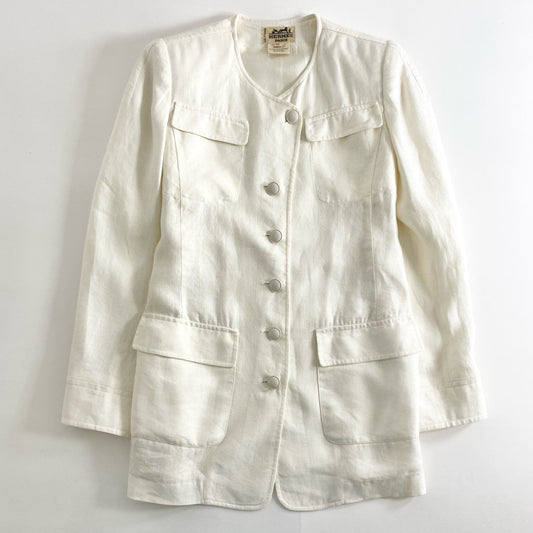 53e1 HERMES エルメス リネン ノーカラージャケット 42 アイボリー 麻100% ブレザー フランス製 LINEN JACKET