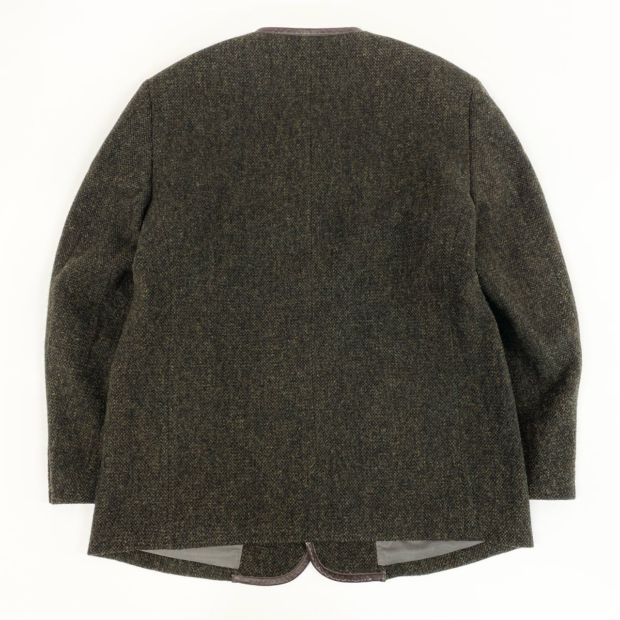 51f3 Papas パパス Harris Tweed ハリスツイード ノーカラー ツイードジャケット オーバーサイズ レザーパイピング アウター 50 L グリーン カーキ系 ウール 牛革