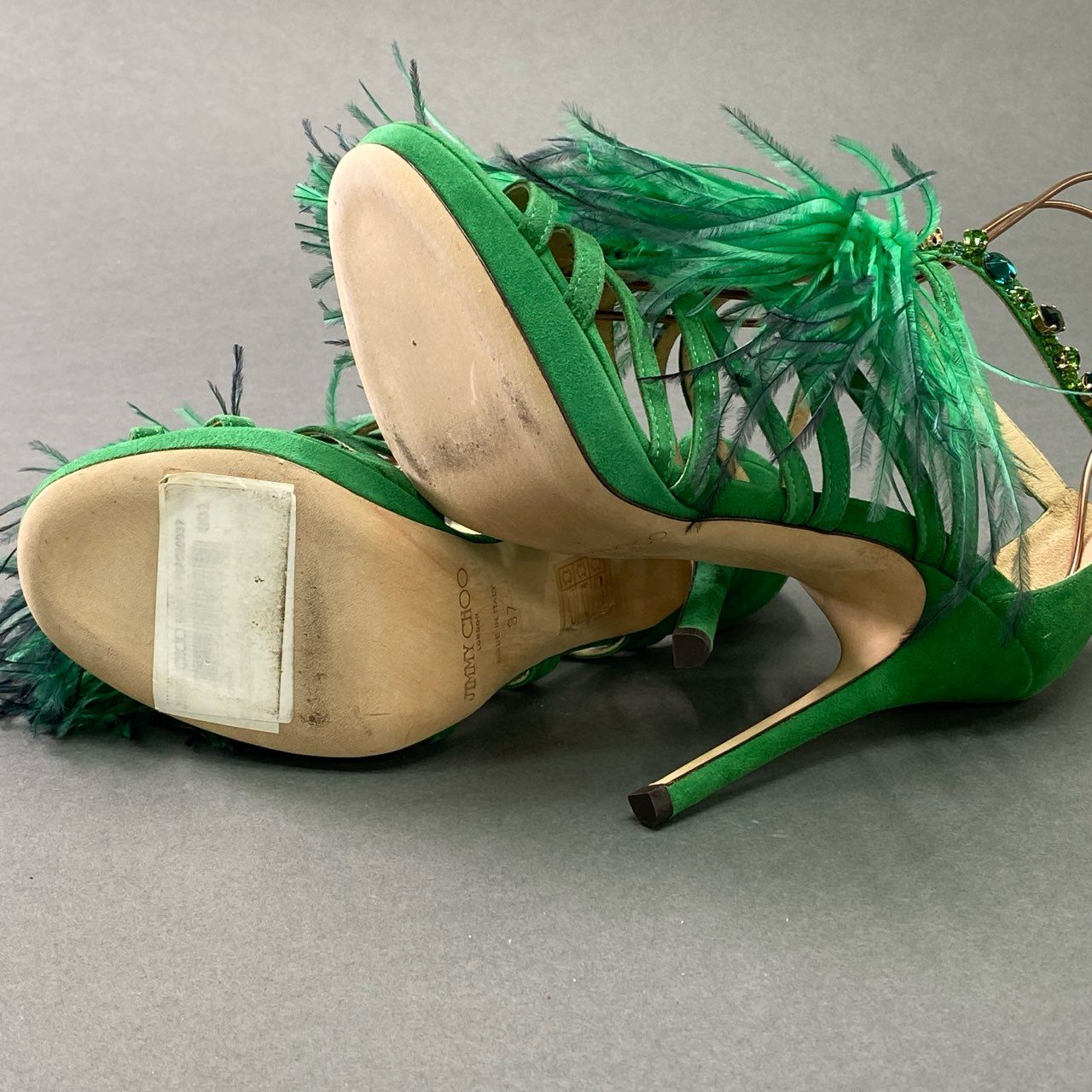 3c18 イタリア製 JIMMY CHOO ジミーチュウ ラインストーン ハイヒールサンダル パンプス シューズ フェザー 37 グリーン スエードレザー