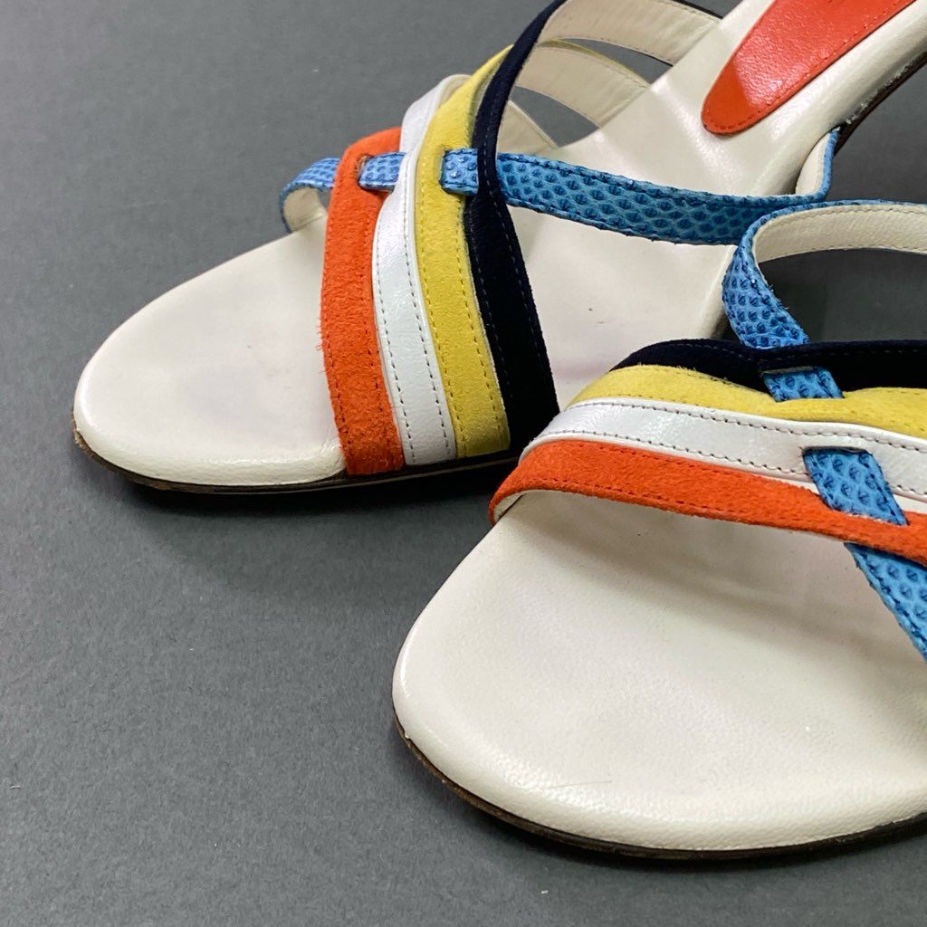 3d3 《美品》 CELINE セリーヌ マルチレザー ヒールサンダル 36 ホワイト マルチカラー Leather スエード カーフレザー イタリア製 シューズ
