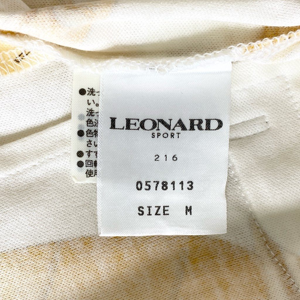 11e8 LEONARD SPORT レオナール スポーツ 7分袖 襟付きカットソー ポロシャツ 前開き シャツ 美しい花柄プリント サイズM ホワイト コットン100% レディース 日本製