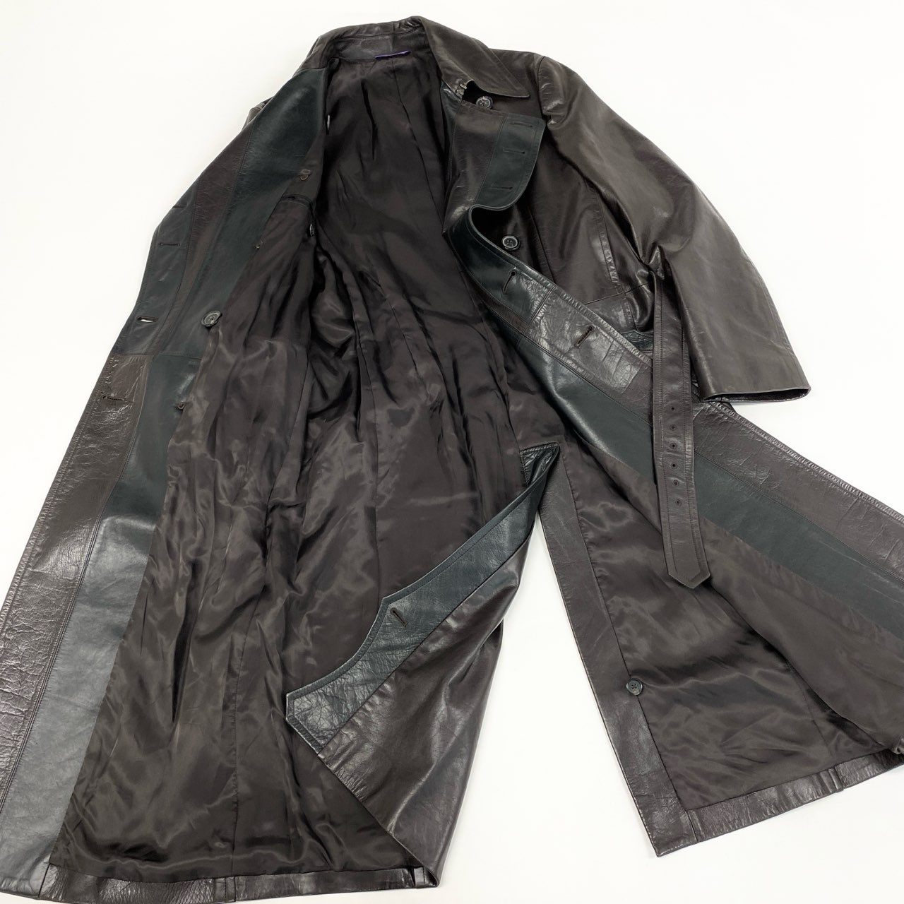 77d30 Paul Smith COLLECTION ポールスミスコレクション カウレザー ベルテッドロングトレンチコート アウター バイカラー Lサイズ ブラウン ブラック 牛革