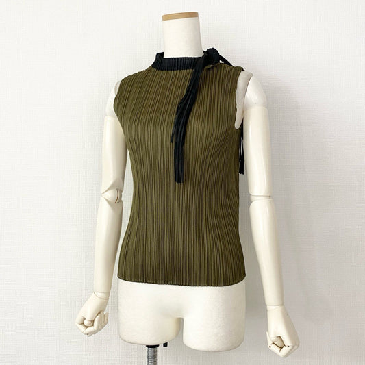 88i3 PLEATS PLEASE プリーツプリーズ イッセイミヤケ ノースリーブカットソー プリーツトップス フリンジ PP71-JK141 サイズ3 カーキ×ブラック ポリエステル100% レディース