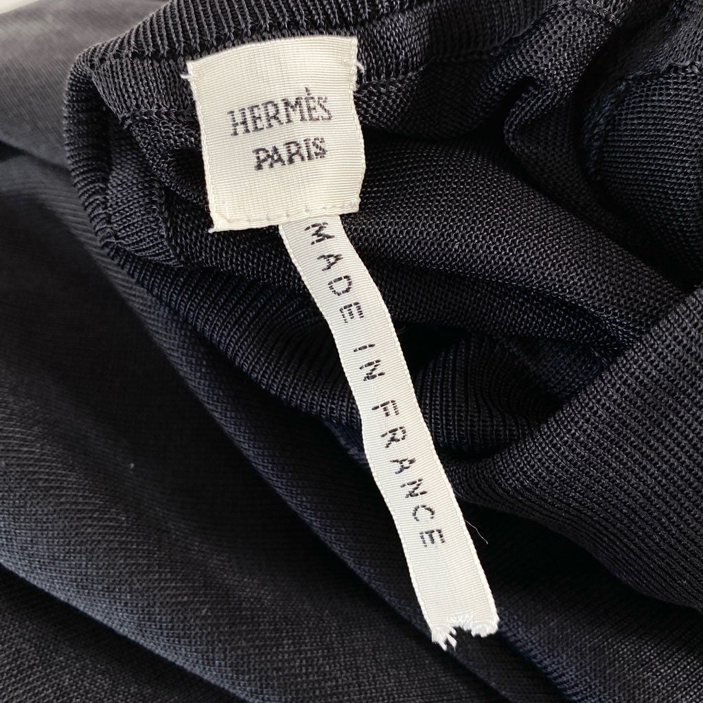 27f20 《美品》 フランス製 HERMES エルメス タートルネック 長袖ニット セーター バルーンスリーブ サイズL ダークネイビー シルク100% レディース